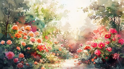 Elegant garden with bright flowers in full bloom, captured in a watercolor painting