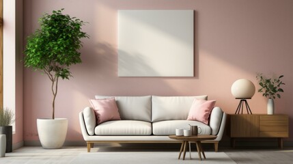b'A sofa in a living room with a pink wall and a plant'