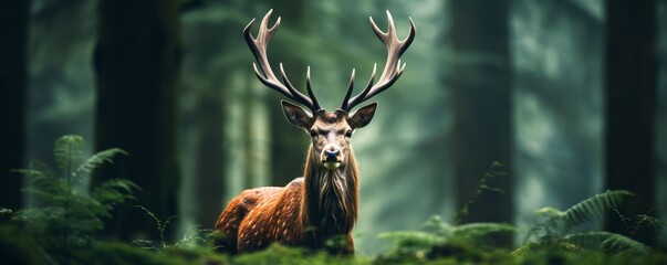 A large deer with antlers standing in a dense forest