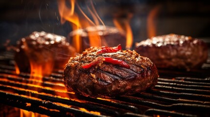 A juicy beef patty sizzling on the grill with flames in the background