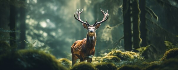 A large deer with antlers stands in a misty forest. - Powered by Adobe