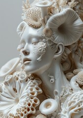 b"A woman's face with mushrooms growing out of her head and neck"