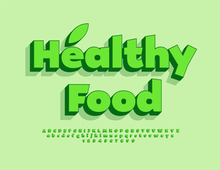 Vector lifestyle concept Healthy Food with decorative Leaf. 3D trendy Font. Green Alphabet Letters and Numbers set.