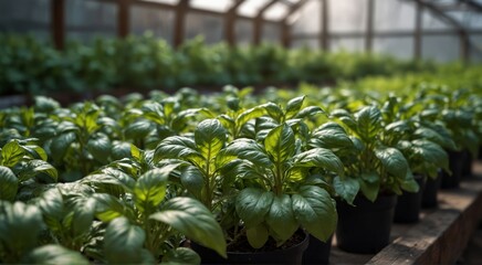 Healthy basil plants flourishing in greenhouse, lush leaves perfect for harvesting