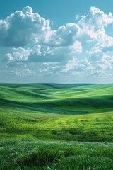 Obraz premium b'Scenic view of green rolling hills under blue sky with white clouds'