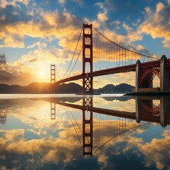 b'Golden Gate Bridge at sunset reflecting in calm water'