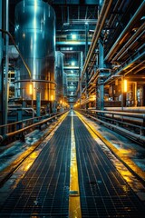 b'The long yellow walkway in the middle of a factory' - obrazy, fototapety, plakaty
