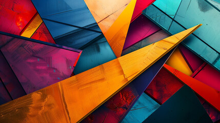 Geometric shapes intersect in vibrant colors, creating depth and intrigue.