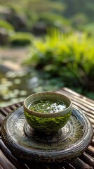 b'A cup of green tea on a saucer with a green background' - obrazy, fototapety, plakaty