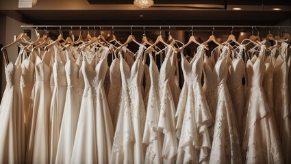 A row of wedding dresses hangs on a rack in a bridal shop.