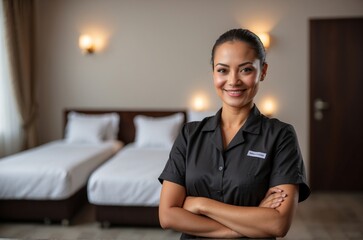Portrait of confident maid in a hotel looking at camera. Copy space.