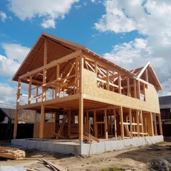 Wooden frame house construction  truss, post, and beams manufacturing for new residential properties