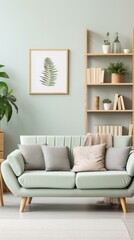 b'Stylish living room interior with green sofa and decoration'