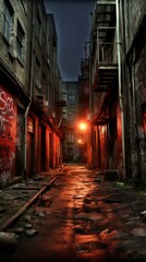 b'A dark and dirty alleyway with a single light source'