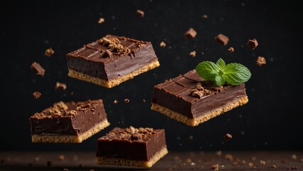 Organic mint chocolate. Chocolate spot with mint leaves and square pieces of chocolate on dark background. 