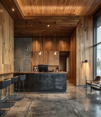 b'Wood and metal hotel lobby interior design'