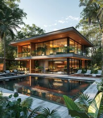 Modern luxury house with pool and tropical garden