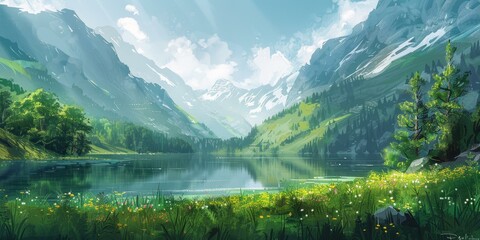 b'Mountains, lake and flowers'