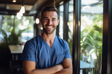 b'Portrait of a smiling young male nurse standing in a hospital' - Powered by Adobe