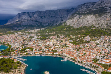 Aerial drone view .Beautiful coastline from a bird's eye view near the city of Makarska, Dalmatia,...