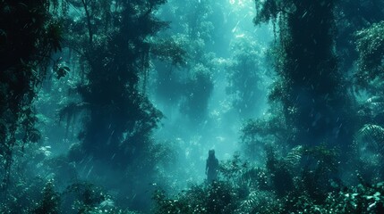 b'A lone traveler stands in the middle of a lush rainforest' - obrazy, fototapety, plakaty