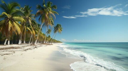 b'The beach is full of coconut trees and the water is crystal clear'