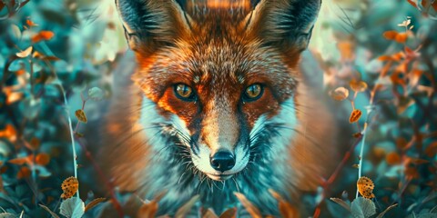 A majestic red fox in the forest with green and orange leaves - obrazy, fototapety, plakaty