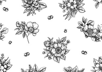 Blooming tree rose, rose flowers on branches. with sparrow, finches, butterflies, dragonflies. Seamless pattern, background. Vector illustration. Chinoiserie, traditional oriental botanical motif.