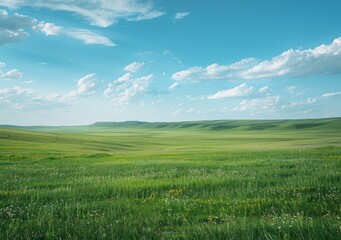 Fototapeta premium b'Vast green grassland under blue sky with clouds'