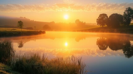 b'Stunning sunrise over a tranquil lake in the countryside'
