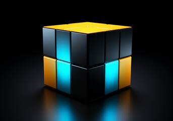 Obraz premium 3D blue and yellow cube with refraction and holographic effect light on dark background
