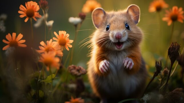 b'Small Rodent in a Field of Orange Flowers'