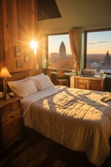 b'Cozy bedroom with a view of the city'