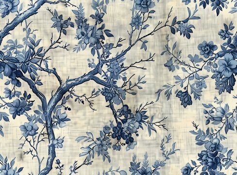 b'Blue and white cotton chintz fabric with a floral pattern'