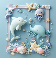 b'Undersea creatures illustration with a dolphin, jellyfish, and other sea animals'