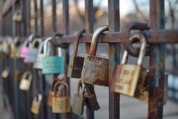 Padlocks in the shape of a heart on a metal fence.