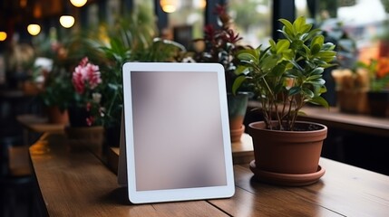 b'Blank digital tablet on wooden table with potted plant in the background'