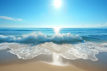 b'The sun shines on the vast sea and the waves hit the beach'
