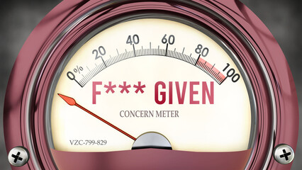 Fxxx Given and Concern Meter that hits less than zero, showing an extremely low level of fxxx given, none of it, insufficient. Minimum value, below the norm. Lack of fxxx given. ,3d illustration