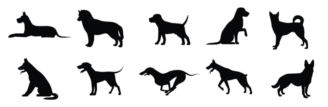  Set of silhouettes of different breeds of dogs. Vector illustration.