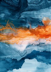 smooth psychedelic dramatic abstract expressionism, watercolor washes in pastel blue and orange hues, inspired by orange shorelines and deep sea blue