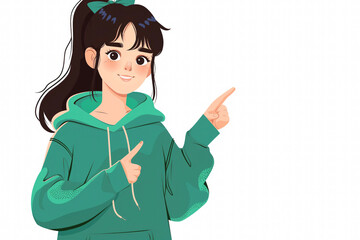 Smiling teen girl in green hoodie pointing to copy space - advertising and youthful presentation