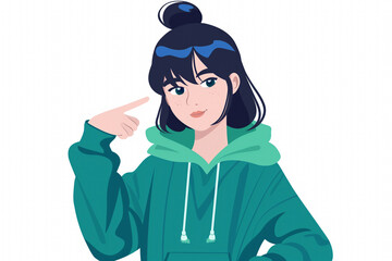 Confident teen girl pointing to herself in green hoodie - self-identity and personal choice