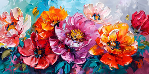 A vibrant painting of varied colored flowers. Textured oil illustration. Summer floral.