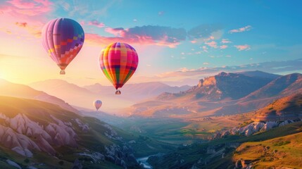 Colorful hot air balloons flying over a beautiful landscape .