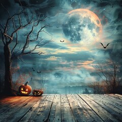 b'Halloween pumpkins under a full moon' - obrazy, fototapety, plakaty