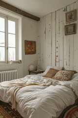 b'A bedroom with white walls and a white bed'