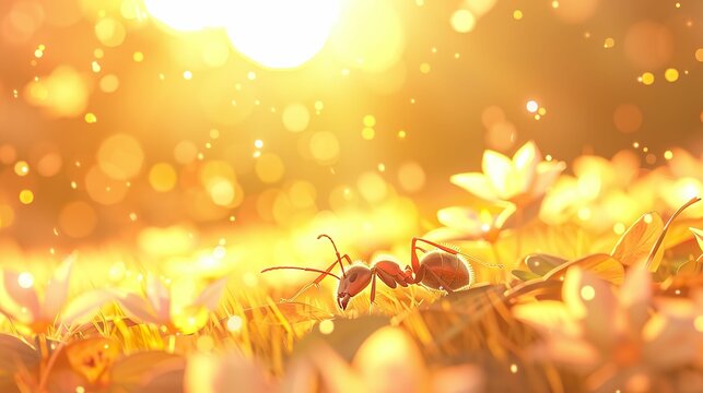 Ant, trail, organized, studying the complex behaviors and societal structures of ants in a bustling meadow 3D Render, Silhouette Lighting, Double Exposure, Close-up shot