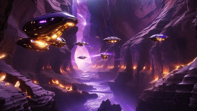 The image shows a dark canyon with a river flowing through it. The canyon walls are covered in purple crystals and there are several spaceships flying through the canyon.

