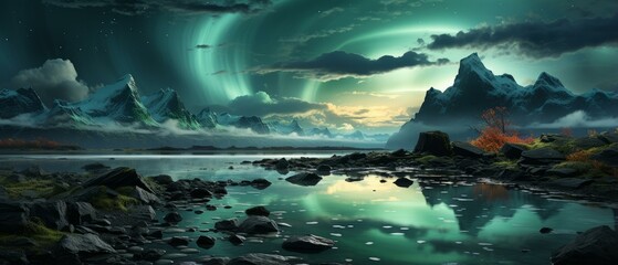 b'Aurora borealis landscape with mountains and lake'
